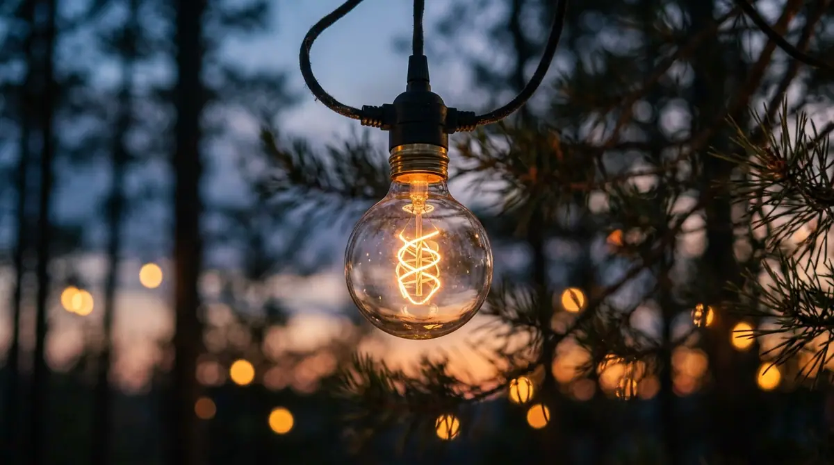 String light bulb hanging outdoors