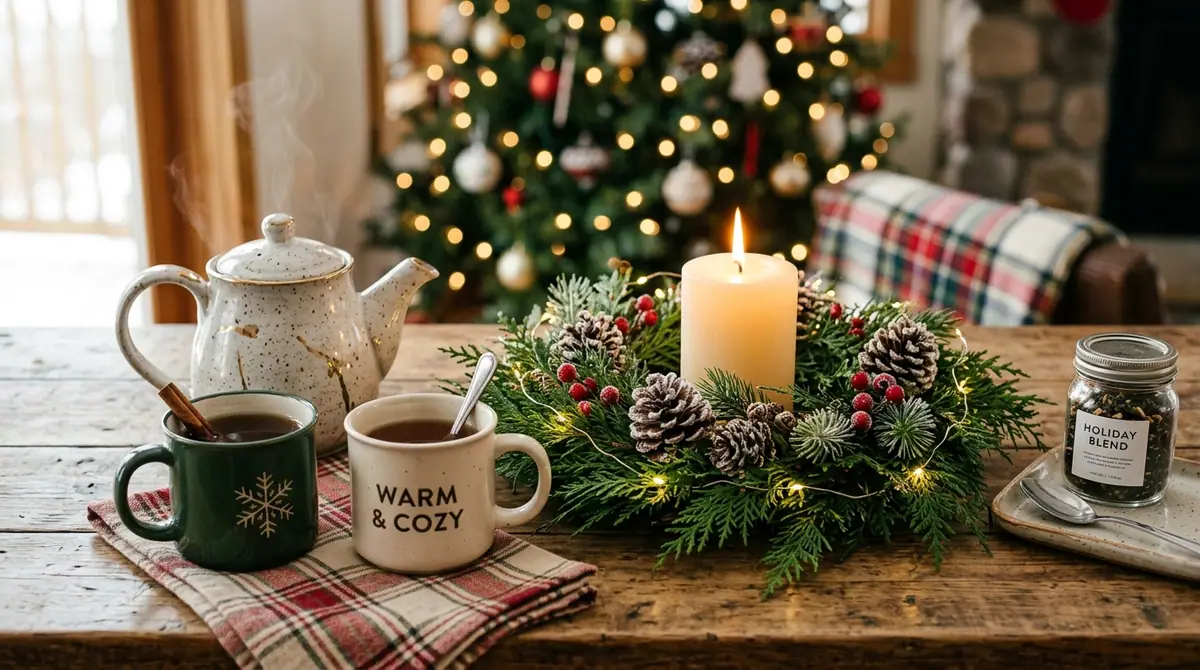 Tea station with lit candle
