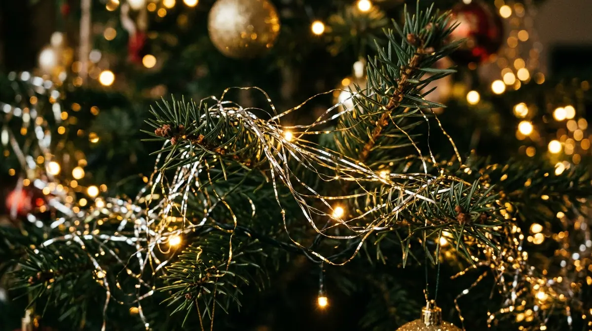 Tinsel draped on pine branch