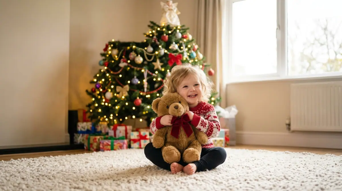 Toddler hugging teddy bear
