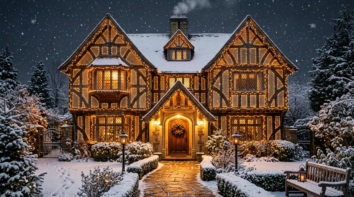 Tudor house illuminated at night