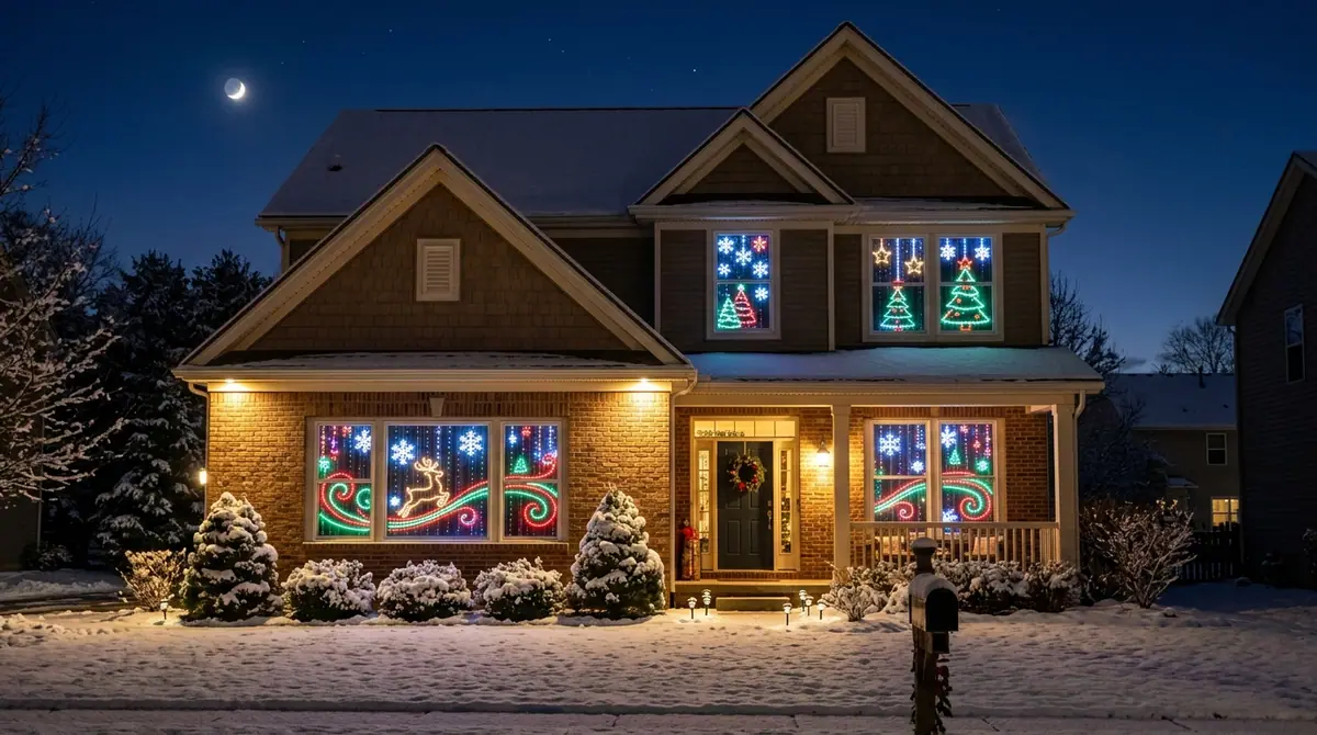 Two story home displaying holida