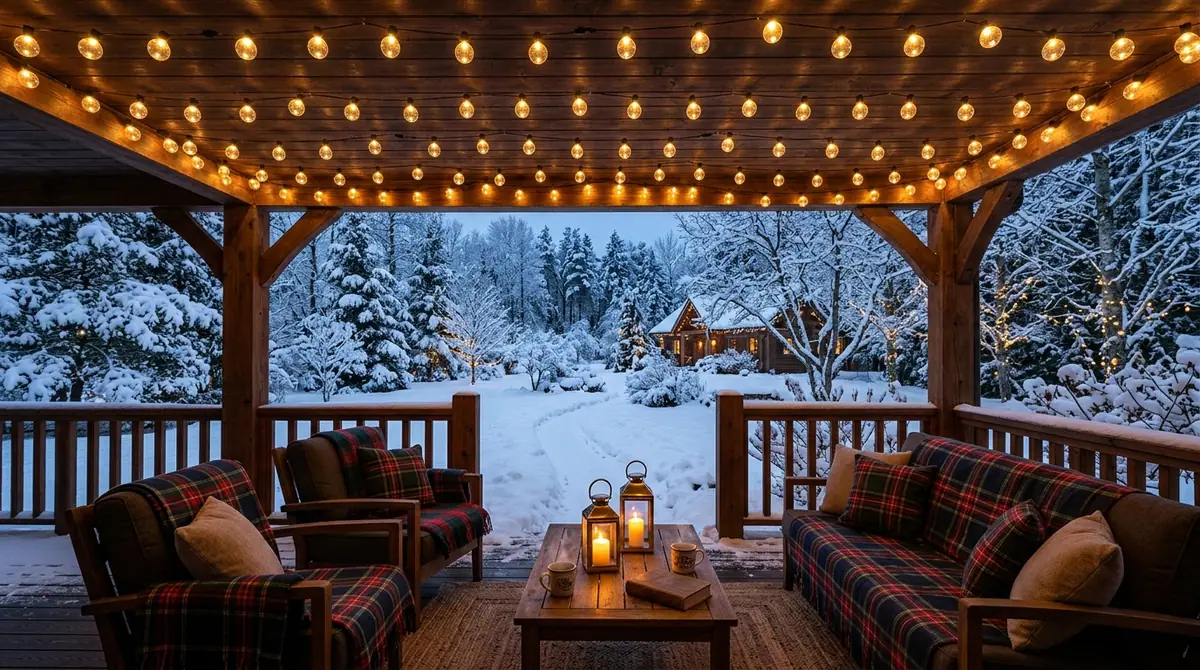 Warm lights on snowy porch