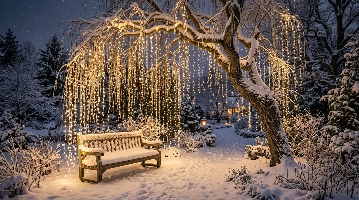Weeping willow with fairy lights