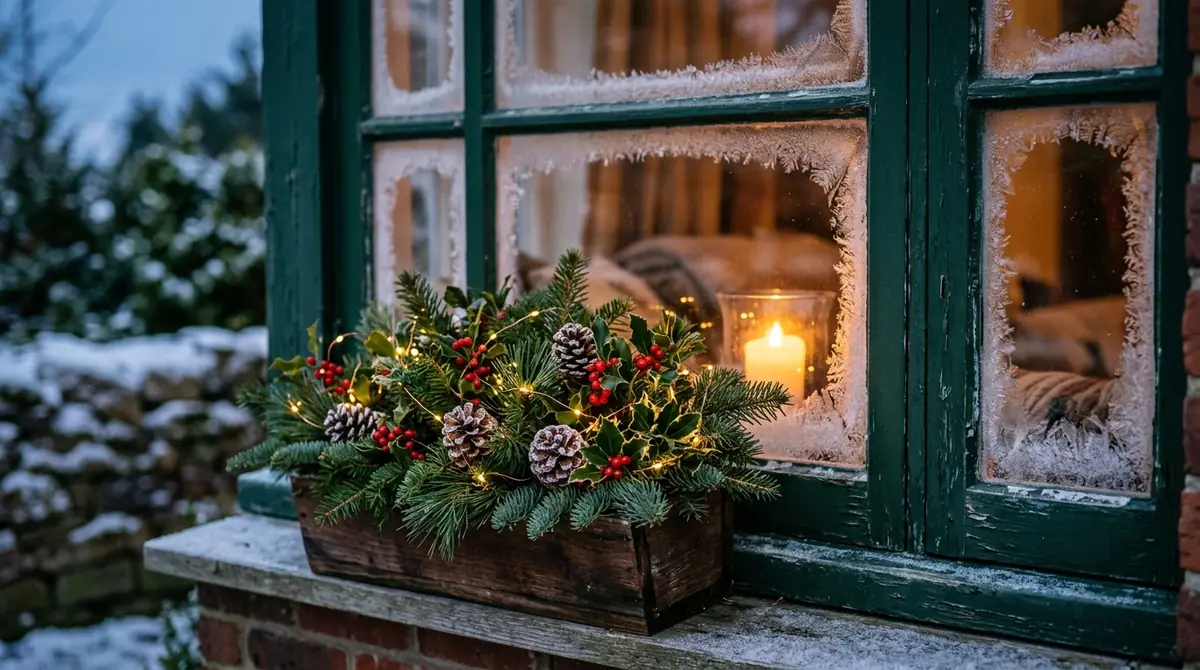 Window frame with winter planter