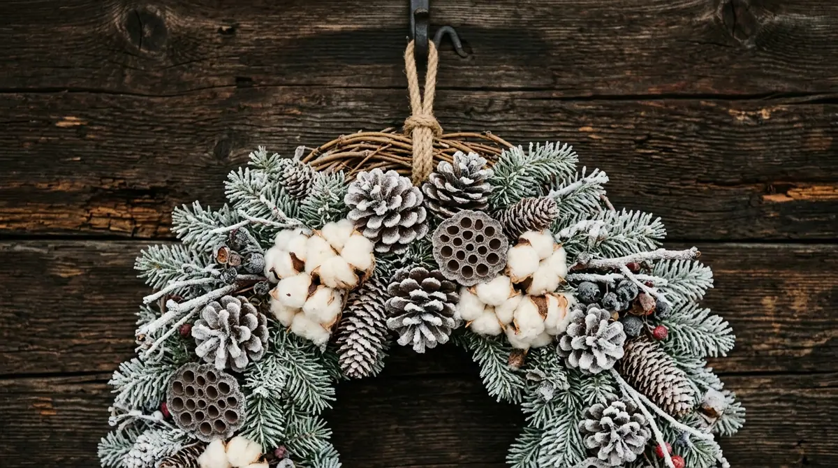 Winter wreath hanging on wall