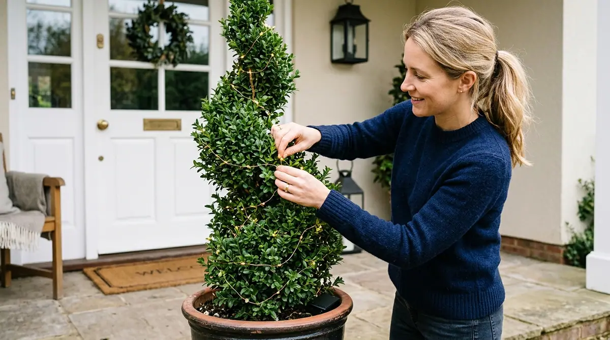 Woman adjusting lights on topiary