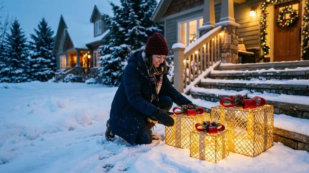 Woman arranging present boxes