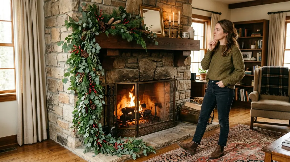 Woman checking garland on mantel