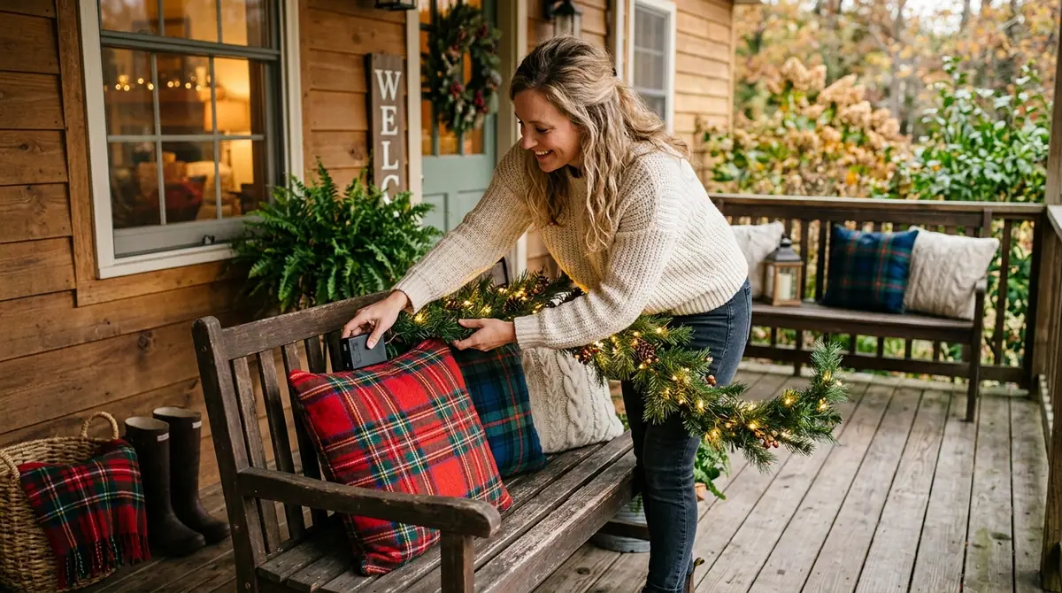 Woman decorating porch bench