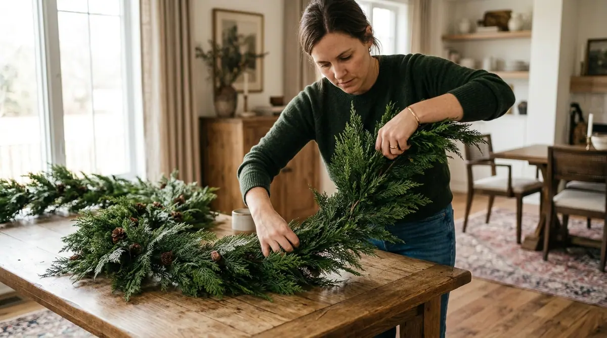 Woman fluffing artificial cedar