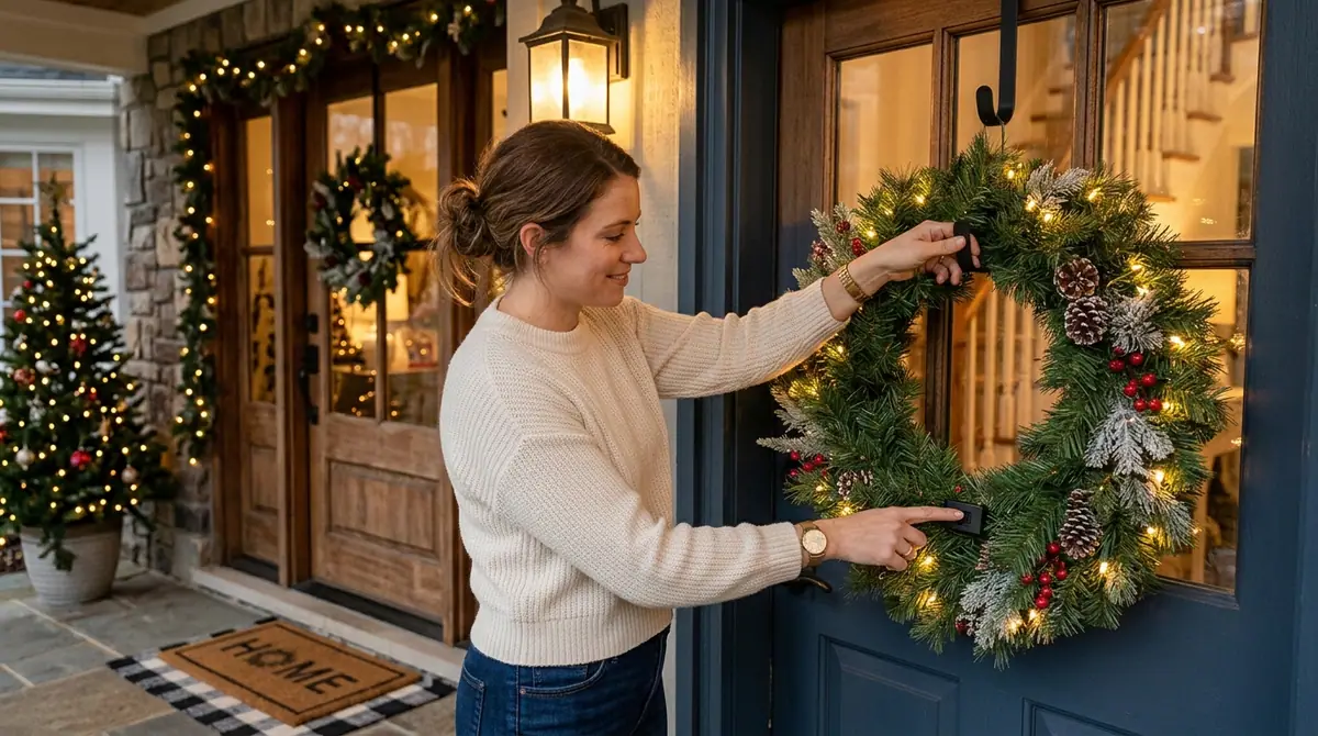 Woman hanging wreath on door