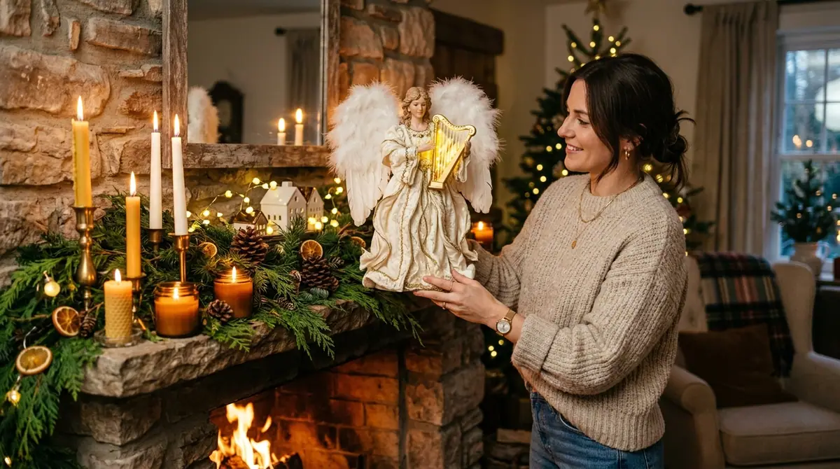 Woman placing angel on mantel