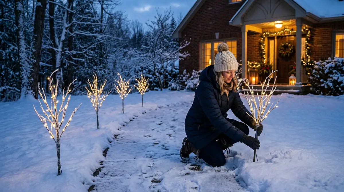 Woman placing twig branch stakes