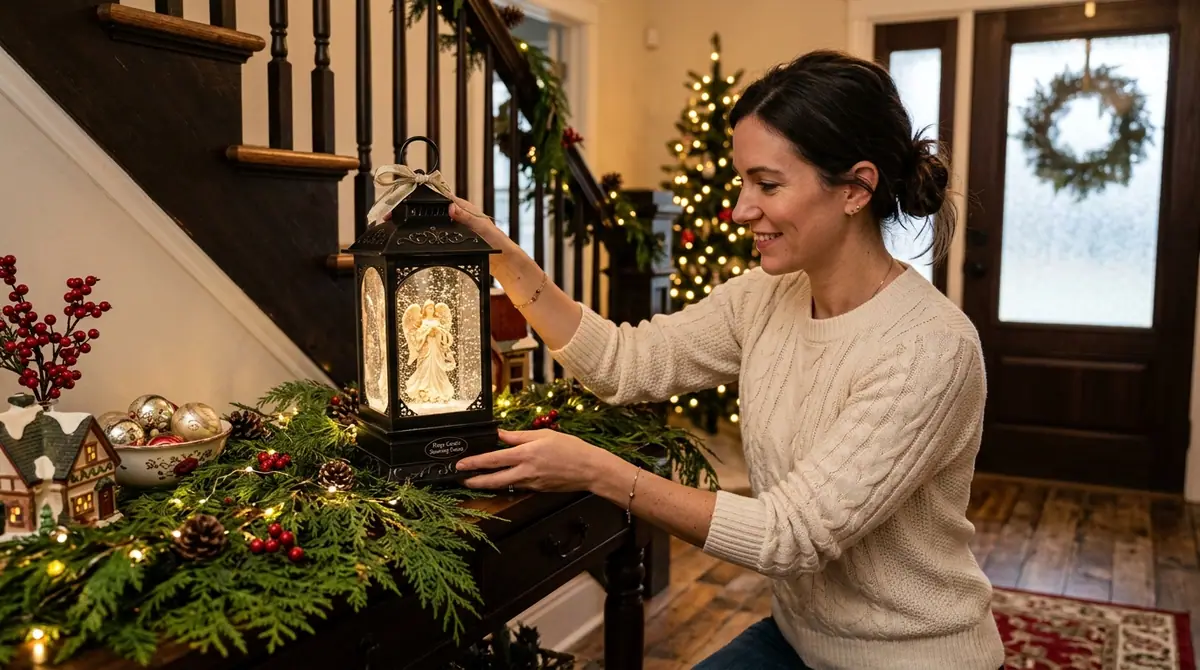Woman placing vintage lantern