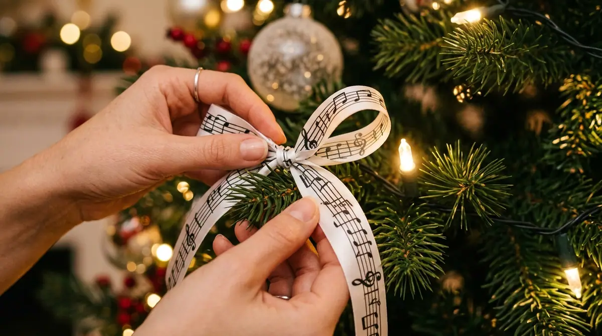 Woman tying ribbon on tree