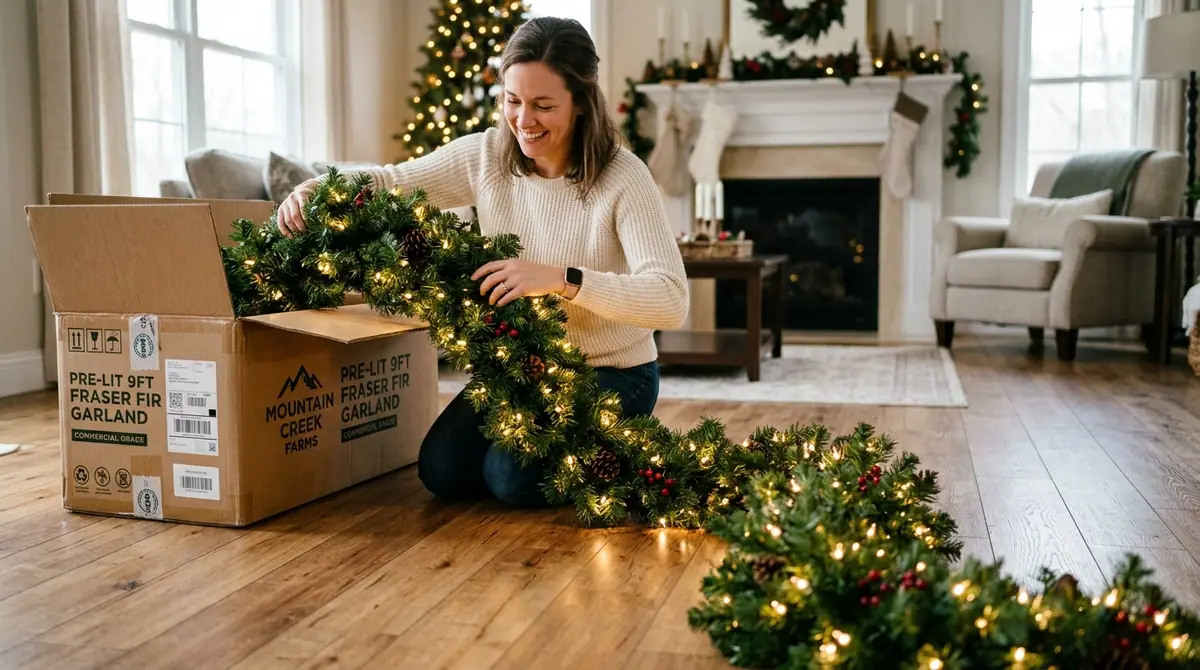 Woman unboxing holiday garland