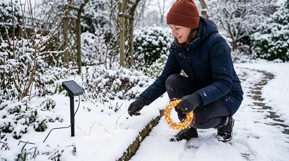 Woman unrolling wire fairy lights