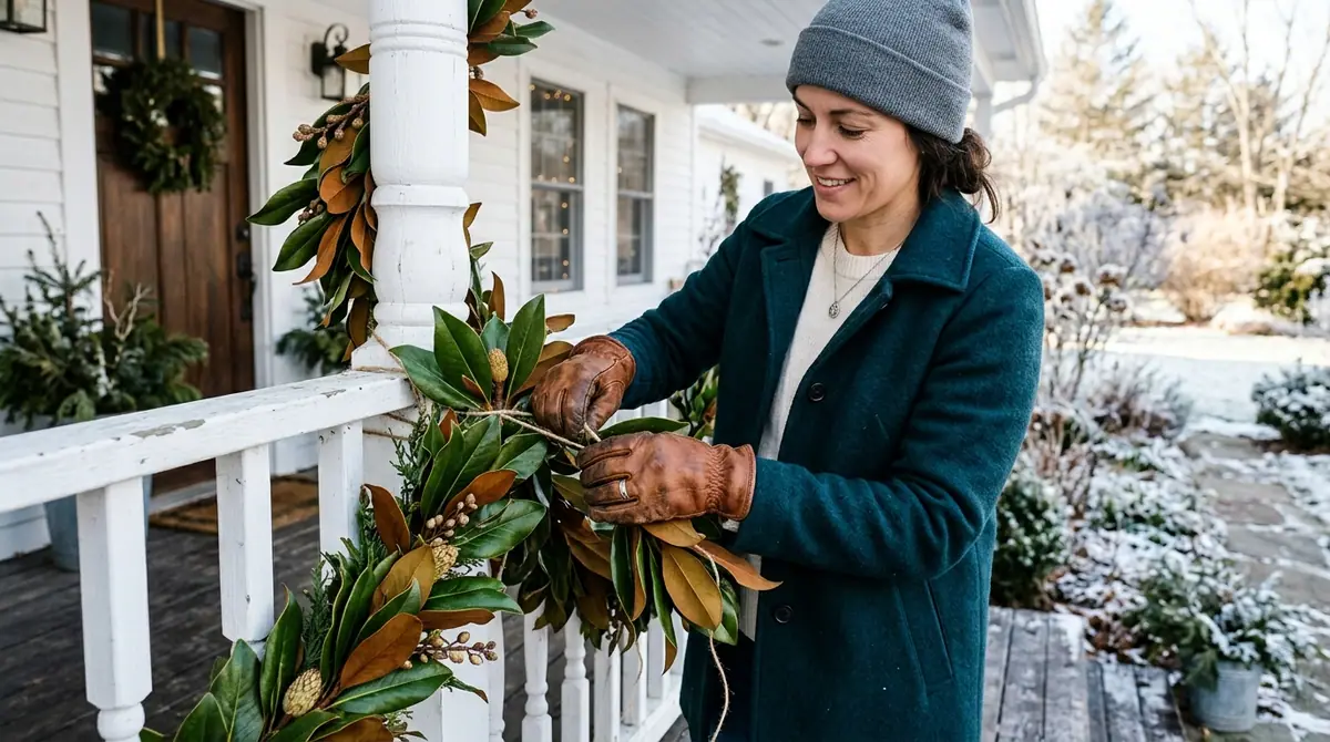 Woman weaving leaf garland