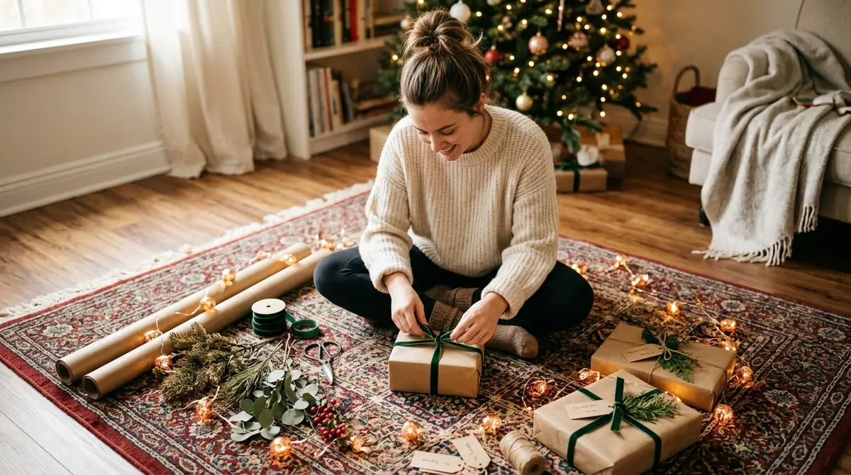 Woman wrapping holiday gifts