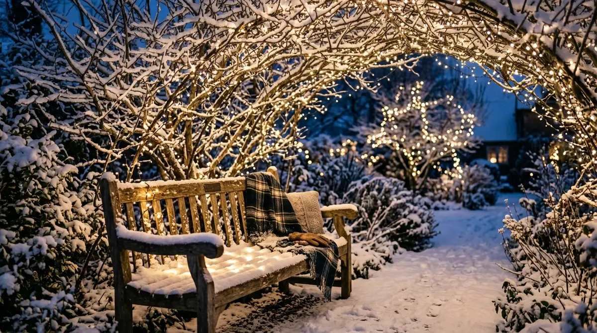Wooden bench with fairy lights