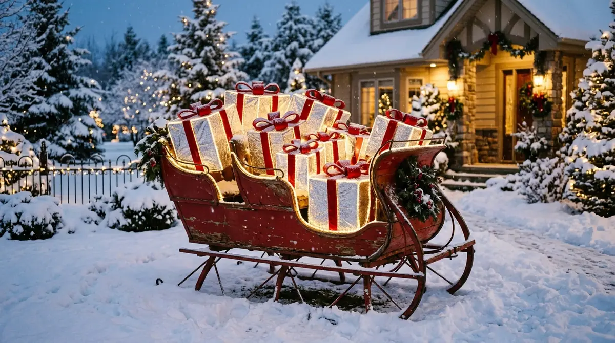 Wooden horse sleigh display in