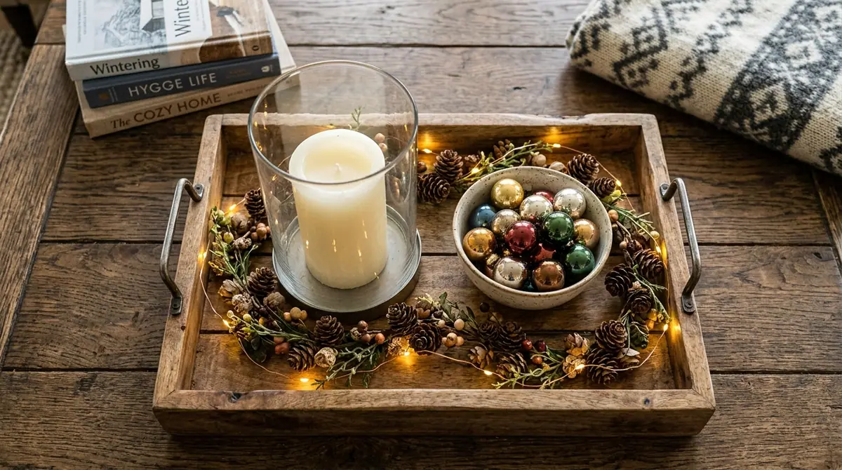 Wooden tray with holiday decor