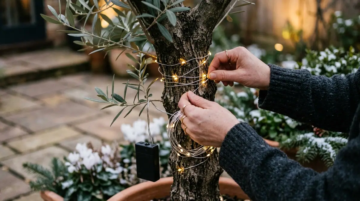 Wrapping lights around tree trunk