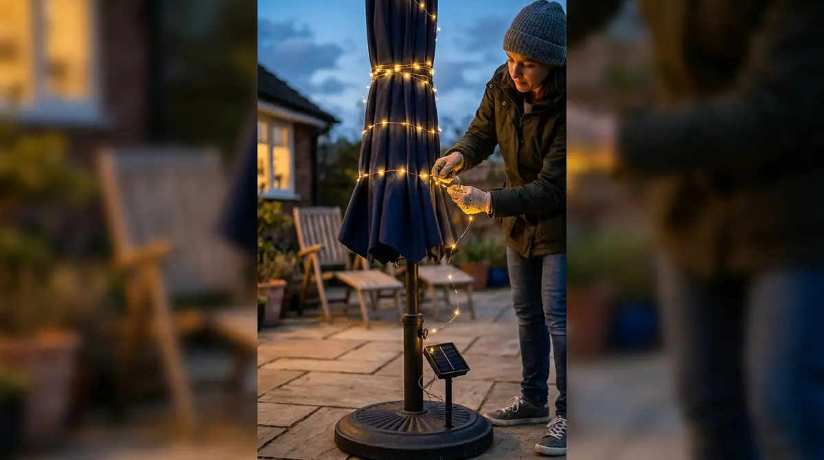 Wrapping lights on patio umbrella