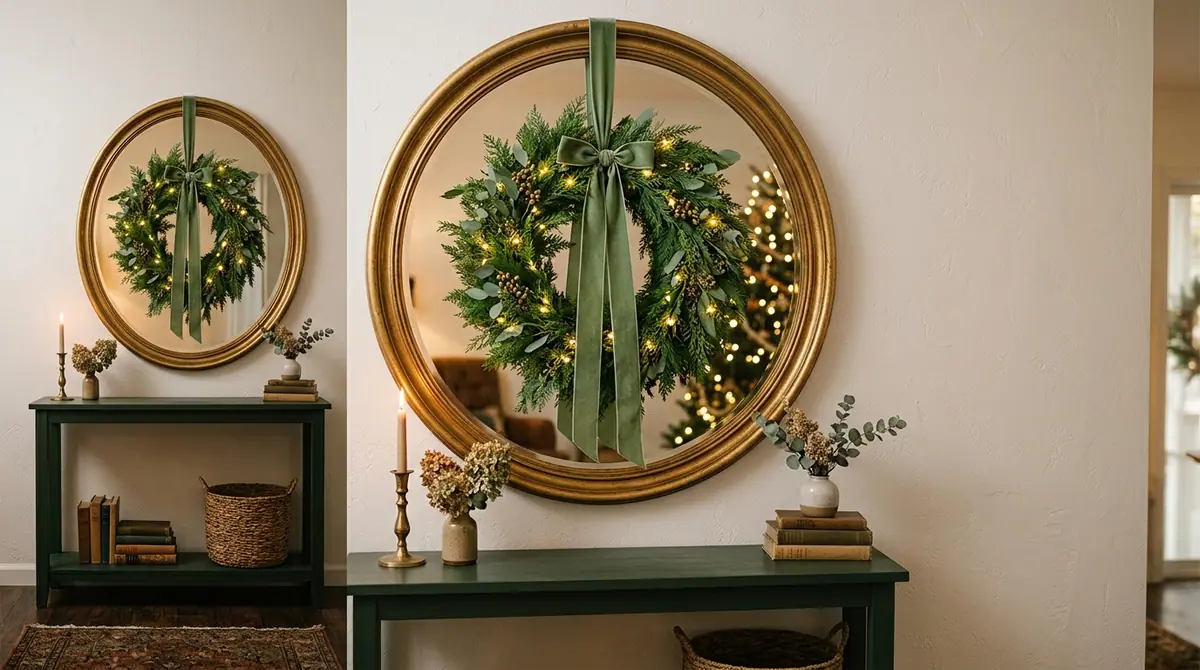 Wreath hanging above console table