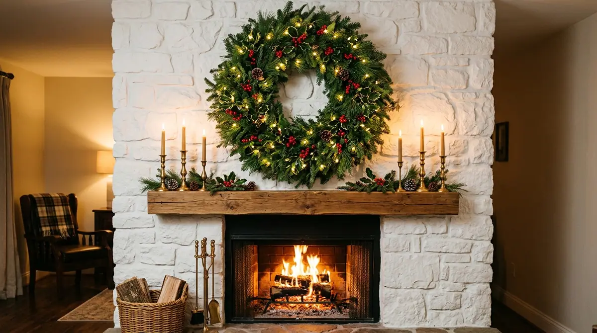 Wreath hanging above stone firep