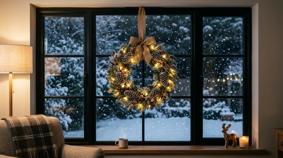 Wreath hanging on living window