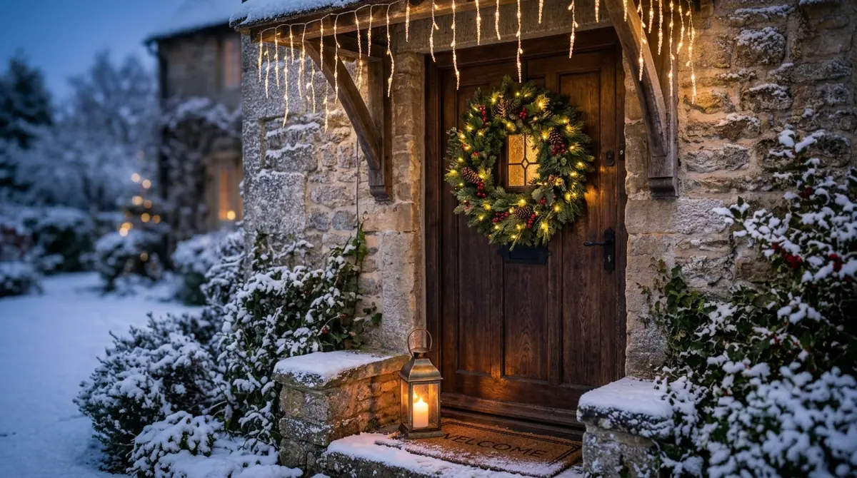 Wreath on cottage front door
