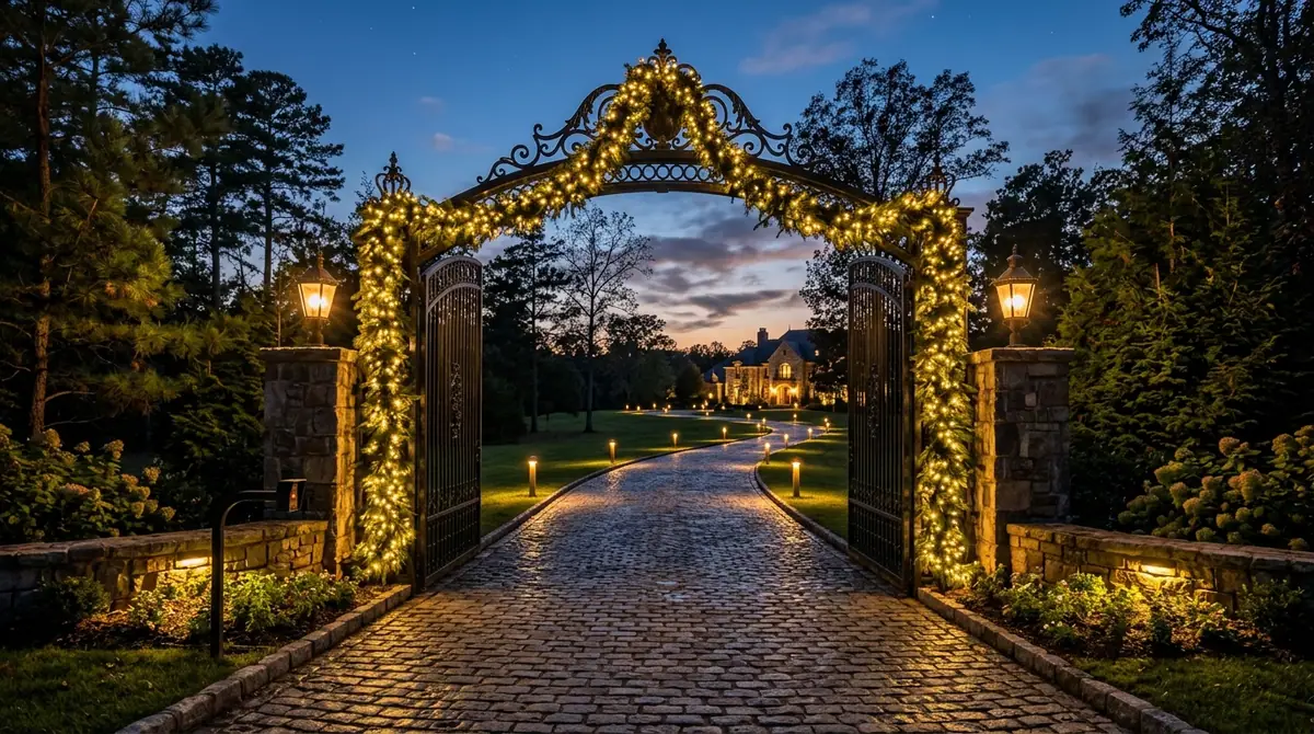 Wrought iron gate with pine garland