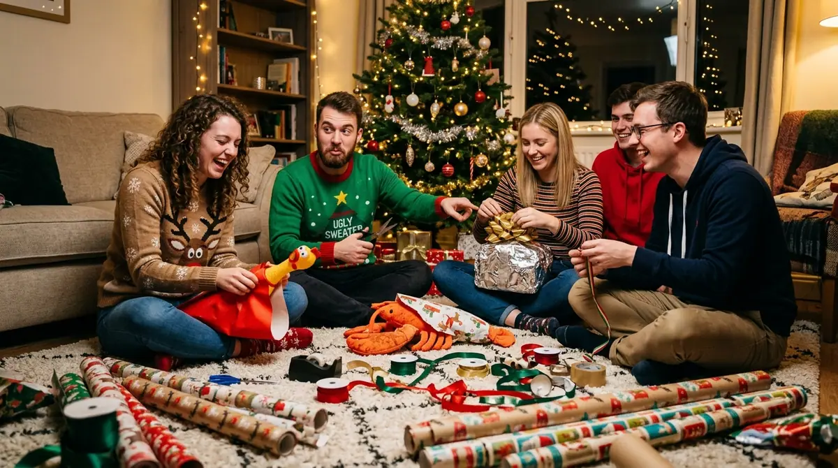 Young adults wrapping holiday gifts