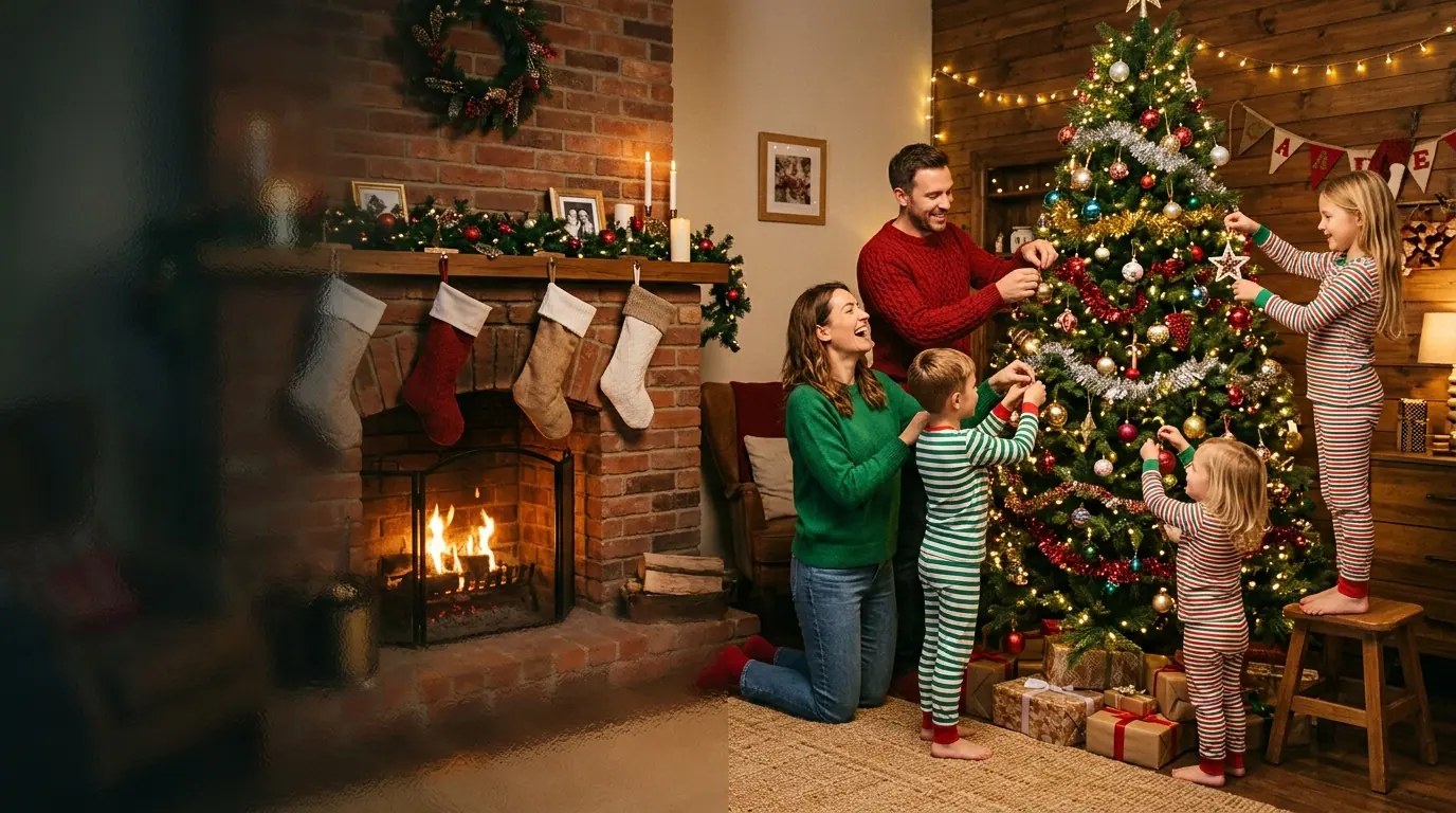 A family decorating their Christmas tree together with warm white string lights
